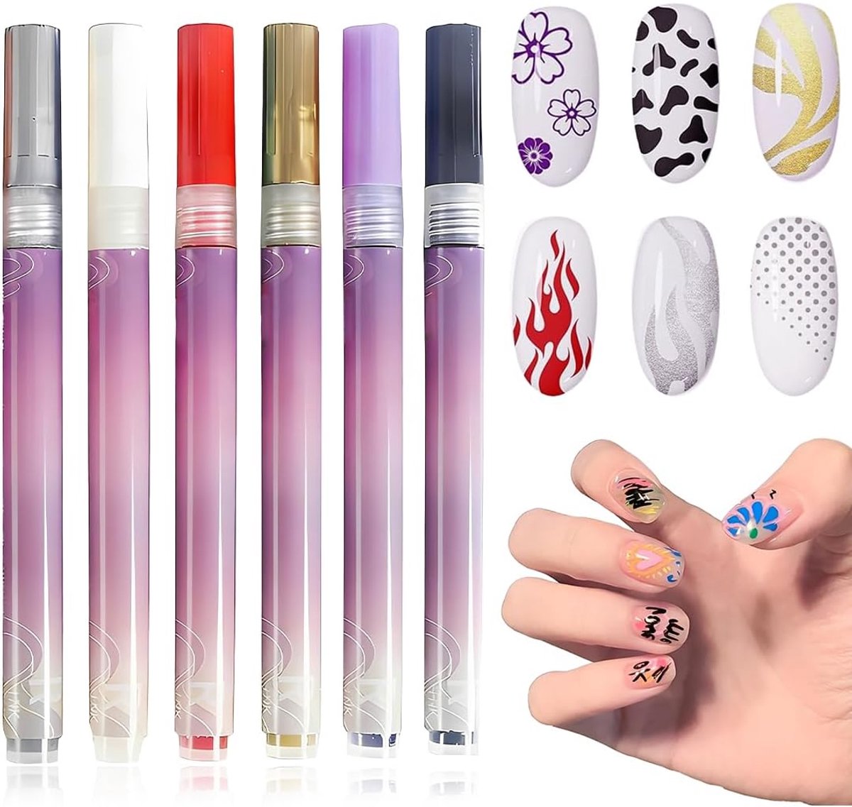 Nagelkunst-markers 6 stuks - Fijne manicure - Helder en sneldrogend - Voor creatieve ontwerpen - ShopVlot
