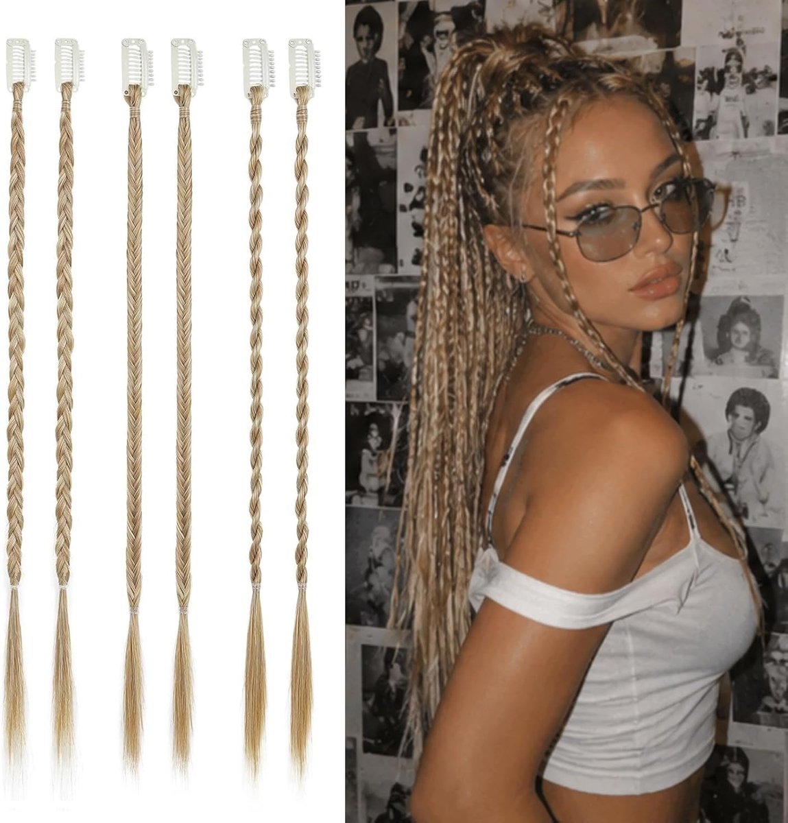 Clip-in vlechtverlengingen 45 cm - lichtblond synthetisch haarstuk - natuurlijk ogend - eenvoudig zelf aan te passen - ShopVlot