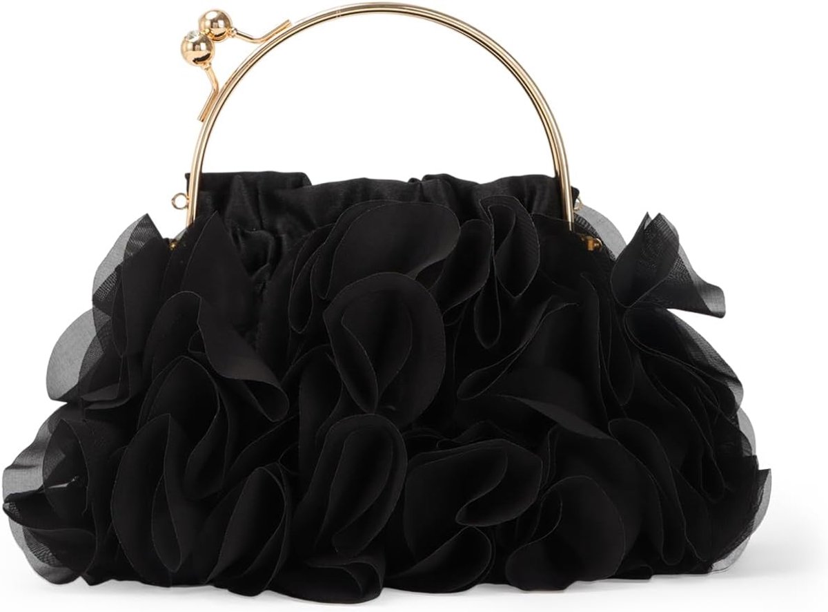 Clutch tasje zwart 20 x 16 x 9 cm - zachte satijn - bloemenprint - perfect voor feesten - ShopVlot