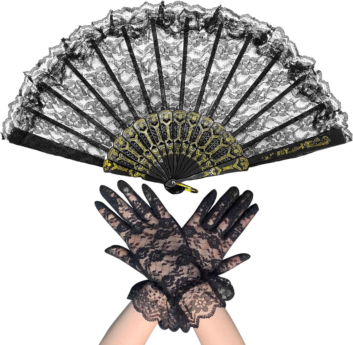 Zwart Leren Handfan en Handschoenen Set - Retro Accessoires - Perfect voor Bruiloftsfoto's - Elegante Party Musthave - ShopVlot