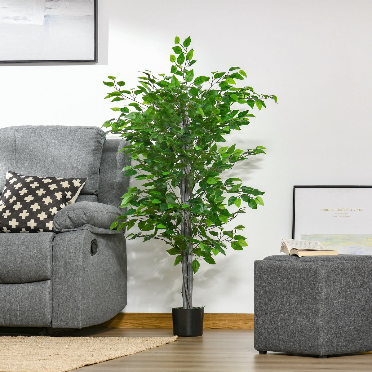 Kunstplant Realistische Ficusboom 135 Cm Kunststof Groen Voor Binnen En Buiten Met Zwarte Pot En Zware Zementbasis
