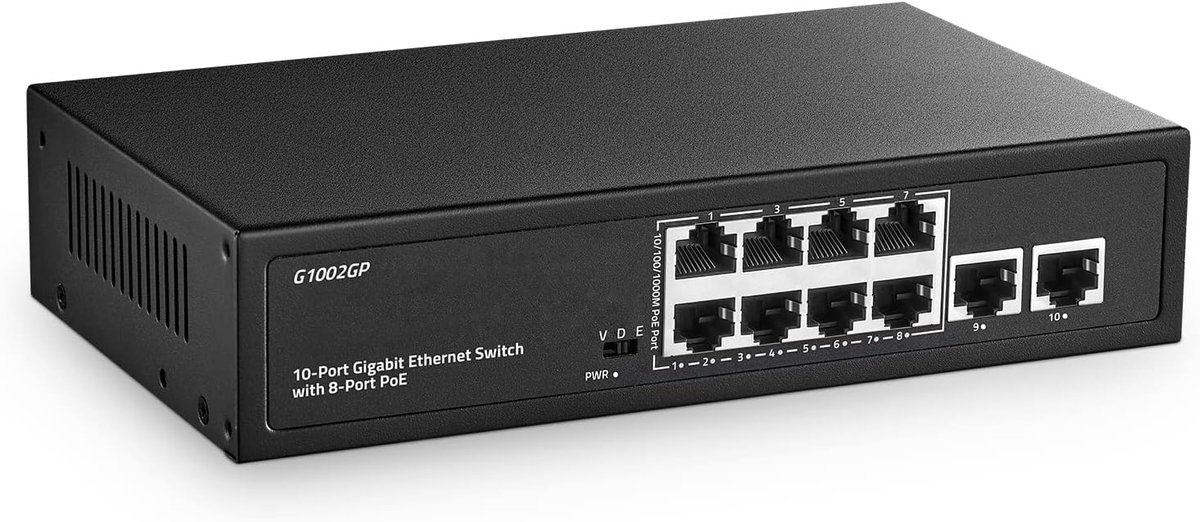 10 Poort Gigabit PoE Switch - 8 Poort PoE+ en 2 Uplink - 10/100/1000Mbps - Ideaal voor snelle netwerken - ShopVlot