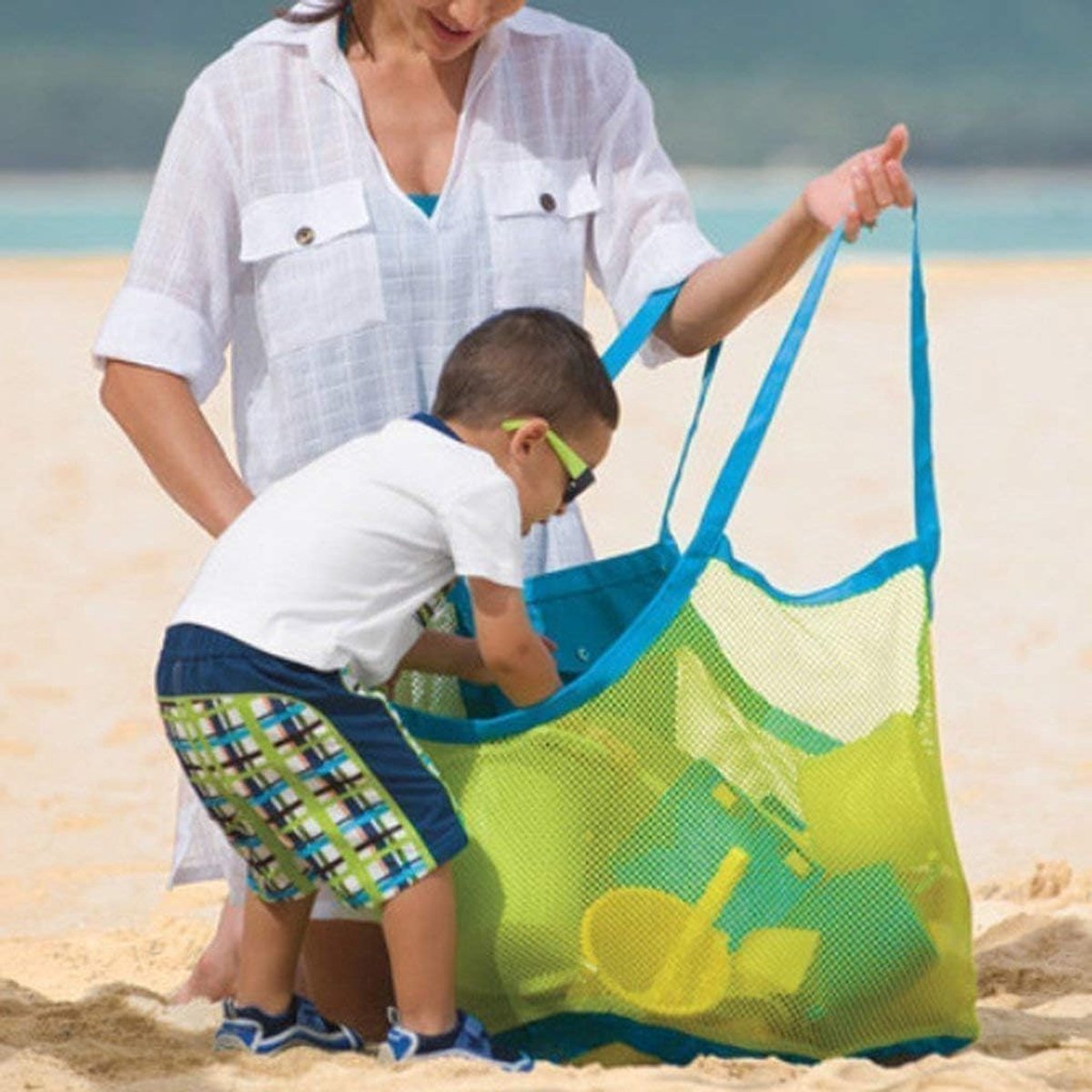 Opvouwbare tas kinderen strandtas speelgoedopbergtas - groen + blauw - mesh ontwerp - snel drogend en lichtgewicht - ShopVlot