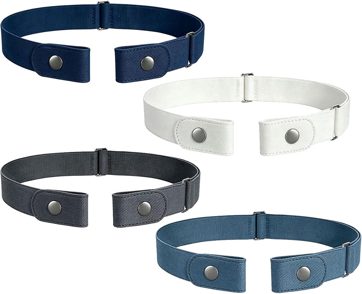 Set van 4 elastische riemen zonder gesp, onzichtbare riem voor dames, wit, grijs, donkerblauw, lichtblauw, geschikt - ShopVlot