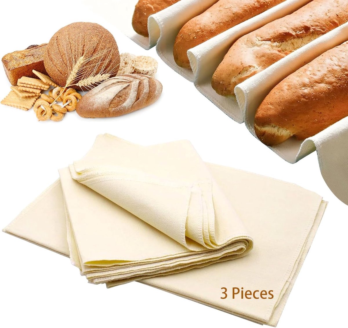 Pack of 3 Premium Baker's Linen Dough Cloth Set 48 x 36 cm & 75 x 45 cm – Natural Linen Fermentation Film, Strudel - ShopVlot