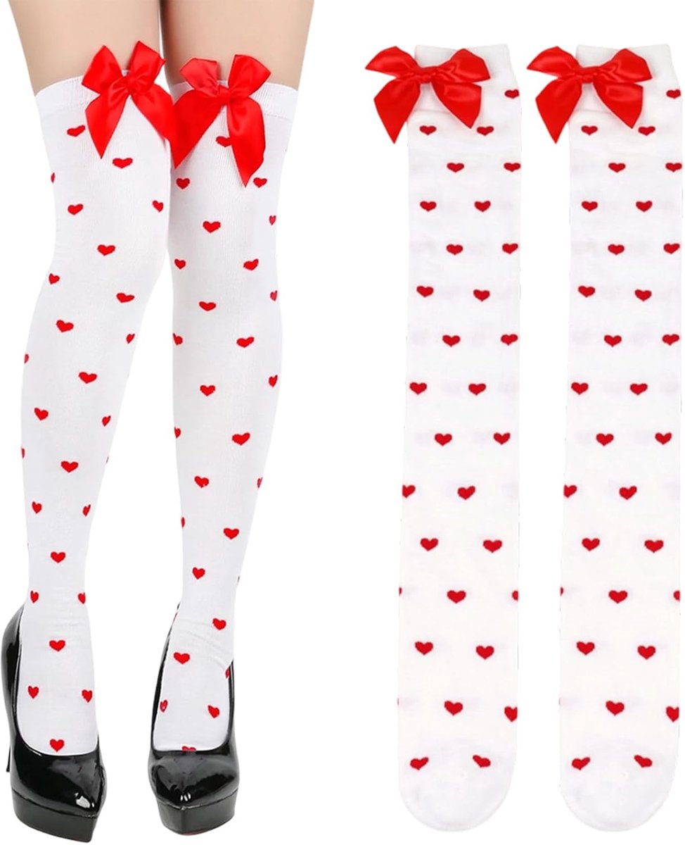 White Heart Stockings with Bow Women 35-40 - White Heart Pattern with Bow, Knee Socks for Carnival, Valentine's Day & - ShopVlot