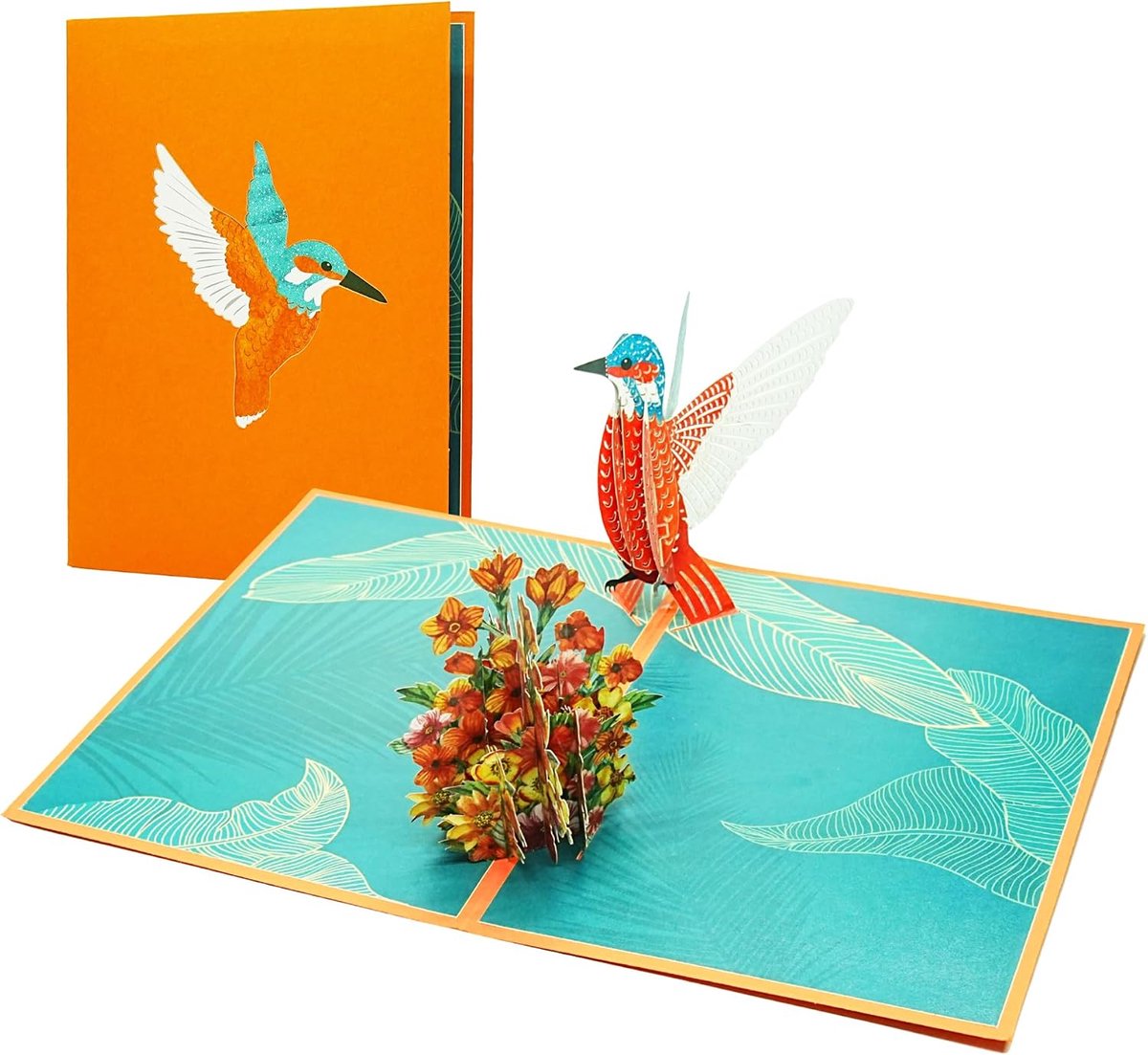 3D pop-up kaart kolibrie & bloemen - liefdevol vormgegeven wenskaart met vogelmotief - ShopVlot