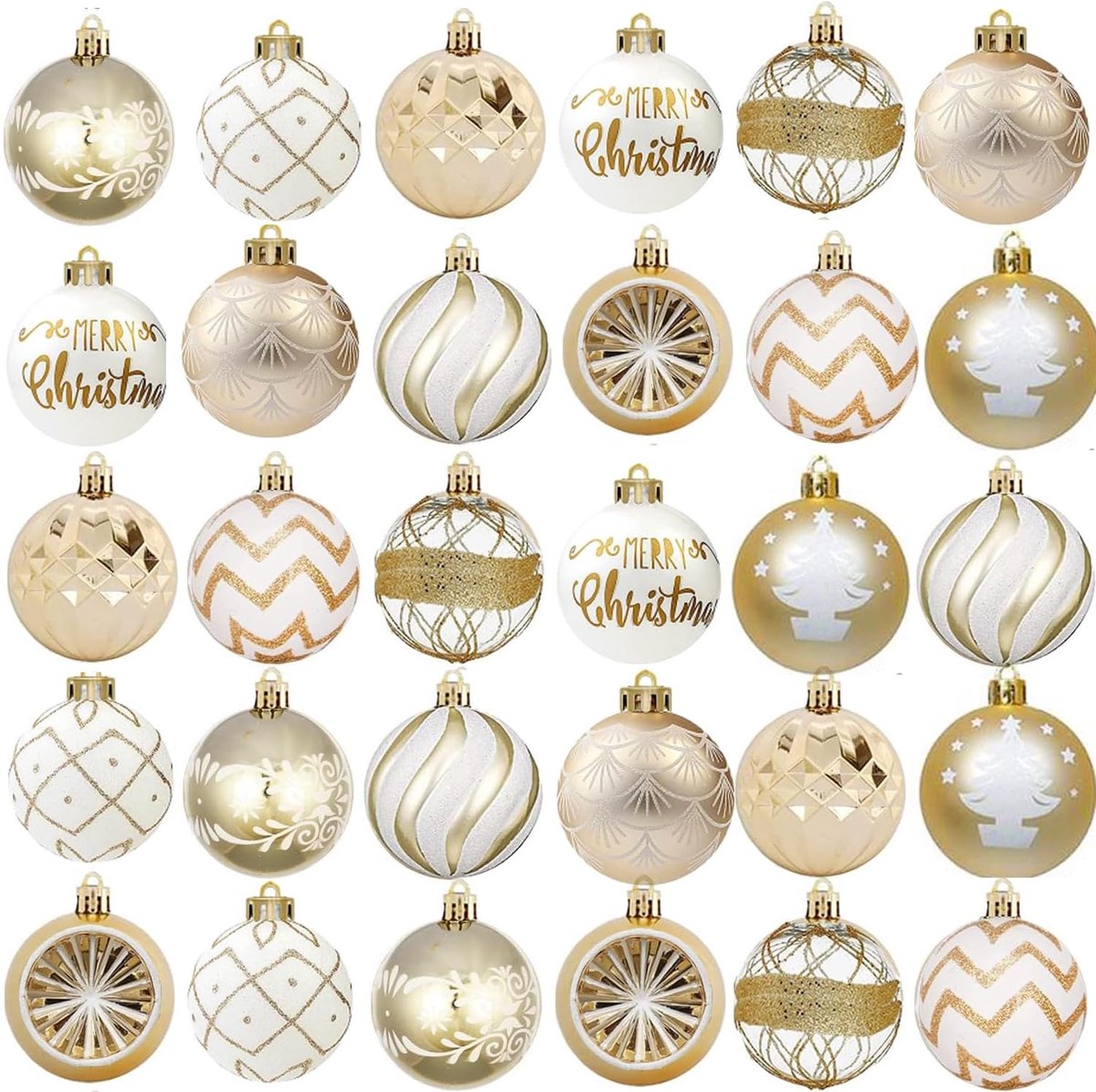 30pcs Christmas Baubles Ornaments White and Gold Tree Balls 6cm Plastic with Pendant for Christmas Garland Wreath Tree - ShopVlot