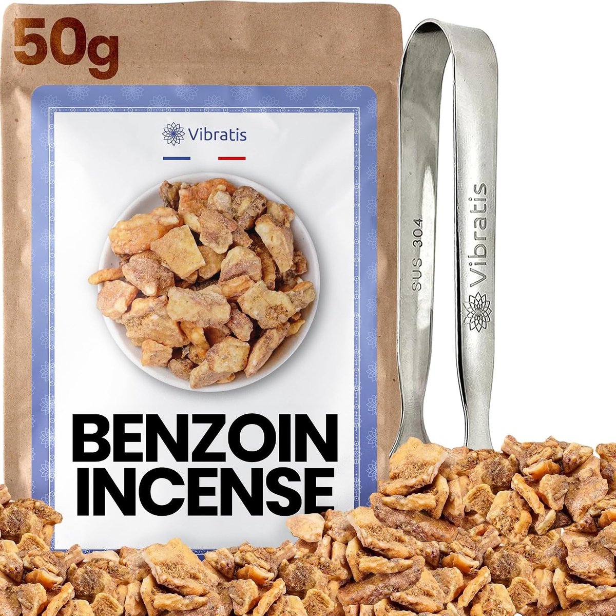 VIBRATIS Wierook Benzoe, natuurlijk, 50 g, met pincet, wierookkorrels voor het reinigen van thuis, brengt geluk voor - ShopVlot