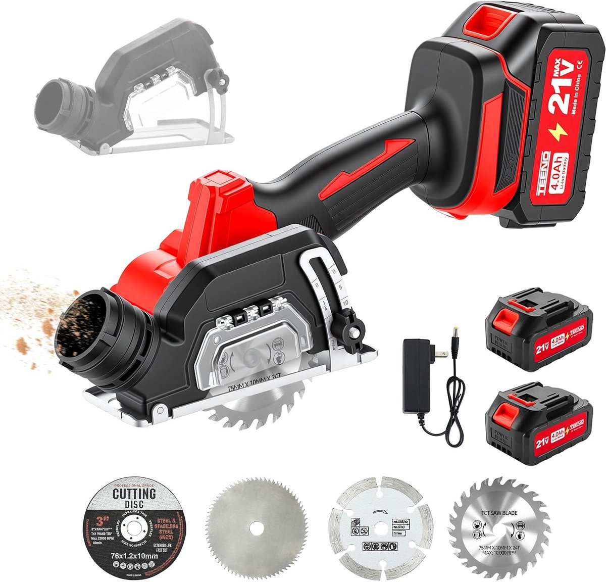 TEENO Cordless circular saw, cuts wood and plates, 4 blades of 76 mm - ShopVlot