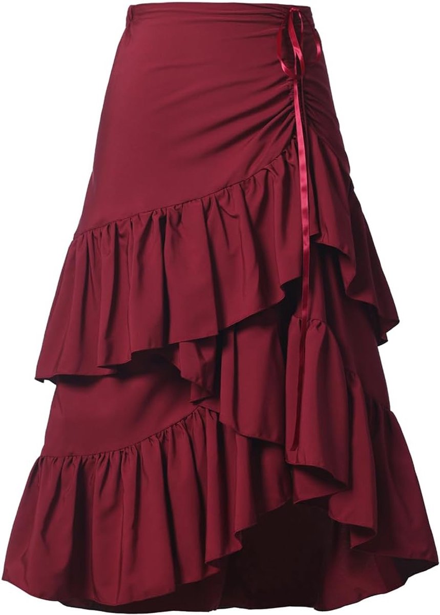 CAMDOM Womens Layered Ruffle Skirt High Low Asymmetrical Hem Midi Skirt Drawstring Waist A-line Flowing Summer Skirt - ShopVlot