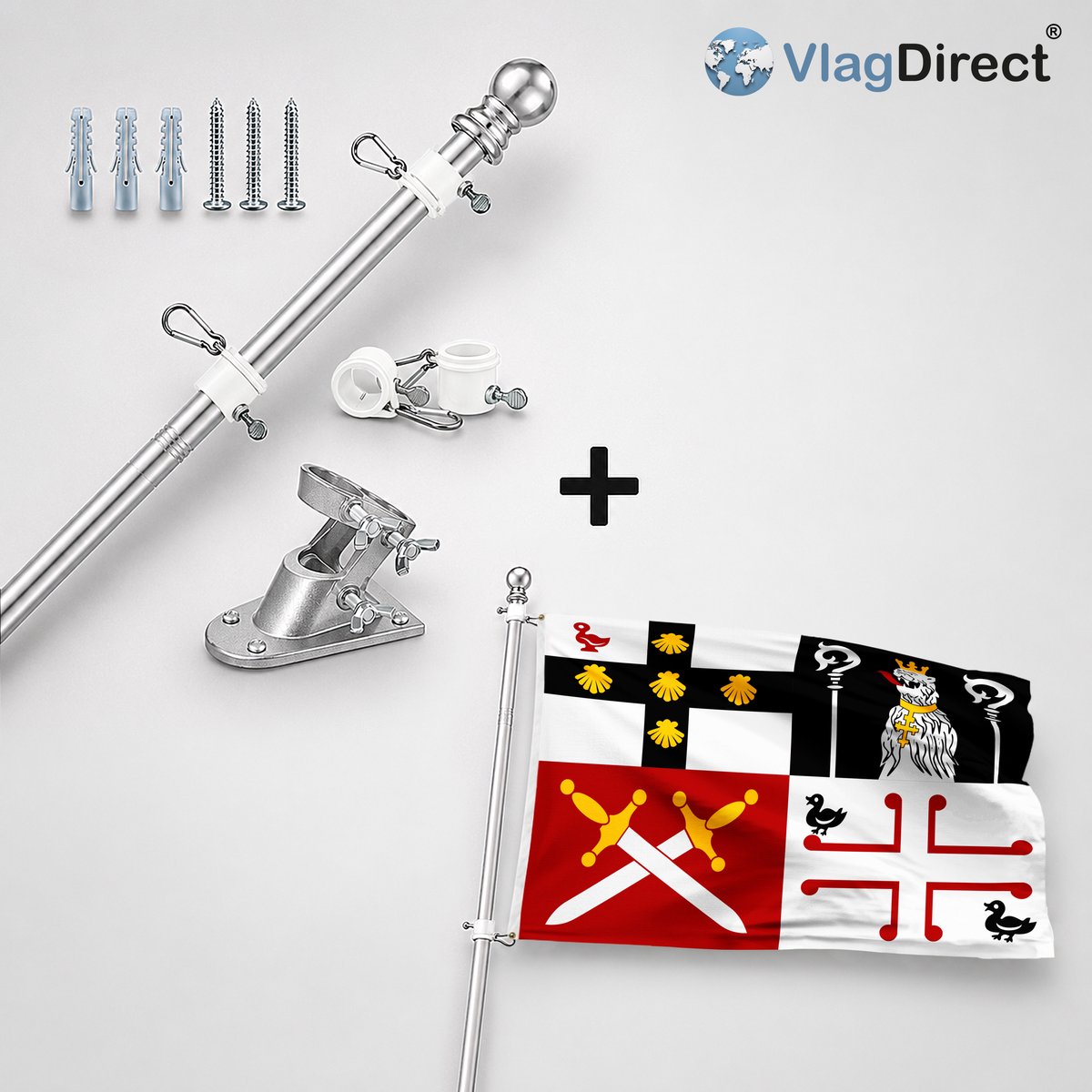 VlagDirect - Compleet vlaggenpakket - Zilveren vlaggenstok inclusief vlaggenstokhouder + Zuienkerkse vlag - Gemeente Zuienkerke vlag - 90 x 150 cm.