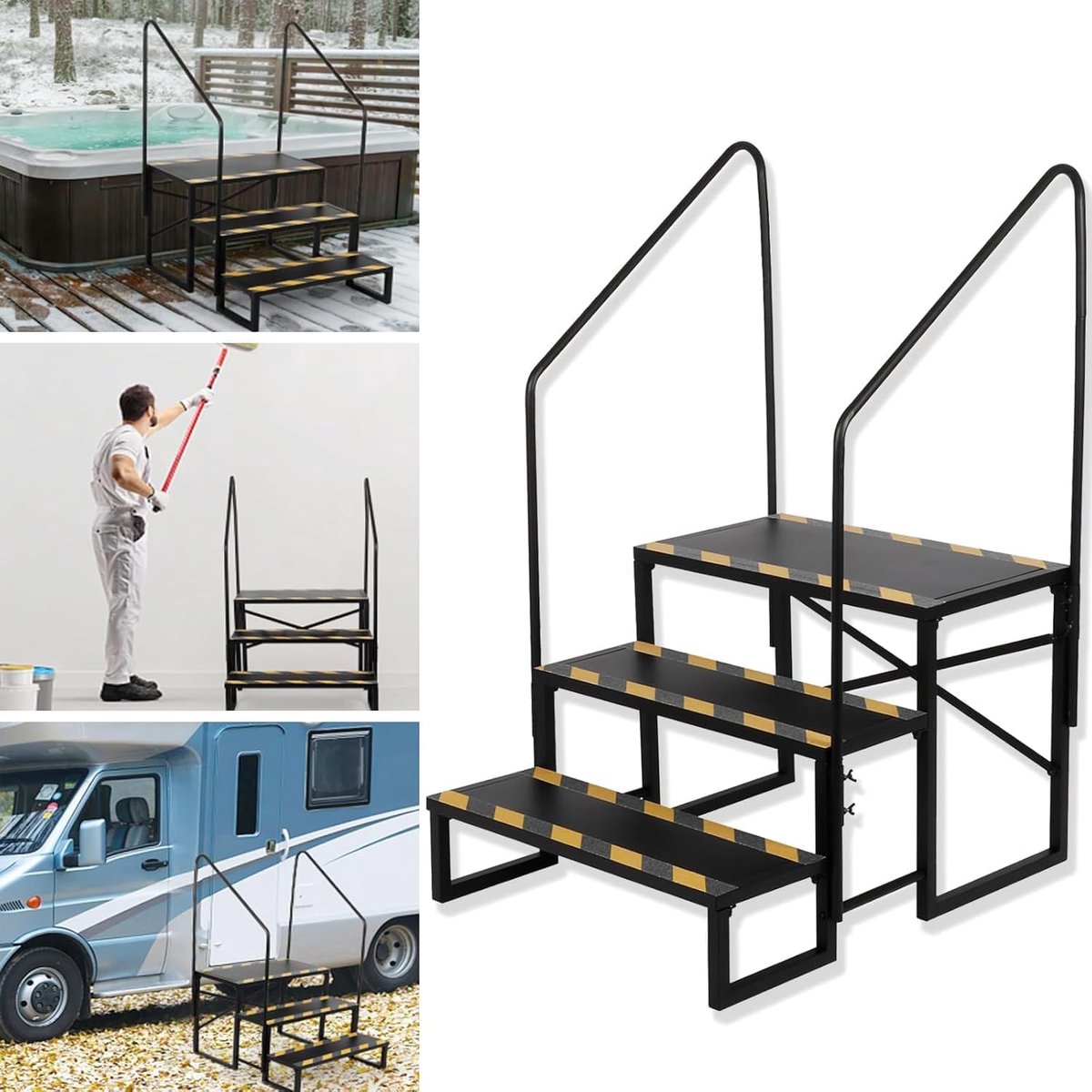 Camper Stairs, 3-Stage Motorhome, 200 kg Load Capacity for Caravans, Camping with 2 Handrails, Non-Slip Step Stool, RV - ShopVlot