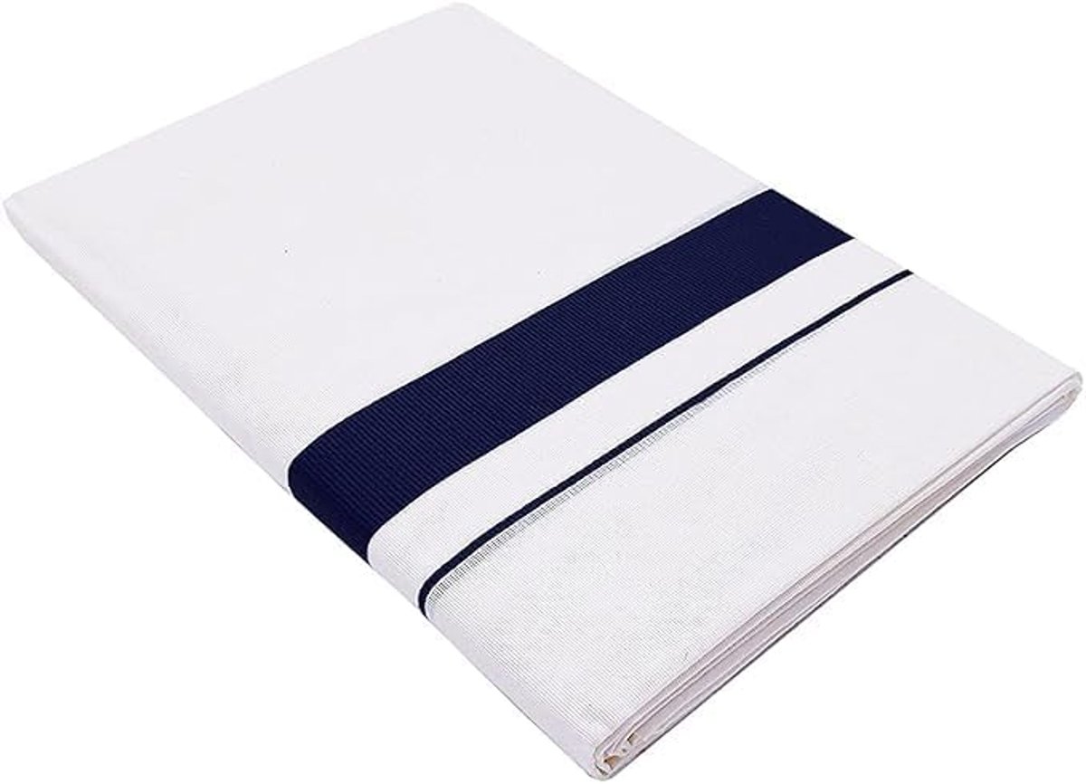Eternals Mens dikke rand katoen Dhoti puur wit 4.00 meter dubbele Vesti/Mundu blauwe rand. - ShopVlot