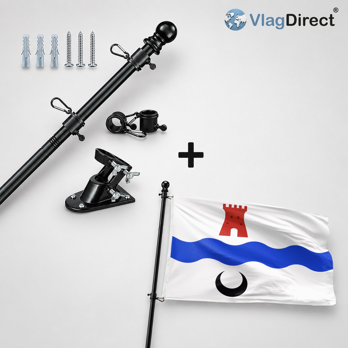 VlagDirect - Compleet vlaggenpakket - Zwarte vlaggenstok inclusief vlaggenstokhouder + Leidschendam-Voorburg vlag - Gemeente Leidschendam-Voorburg vlag - 90 x 150 cm.