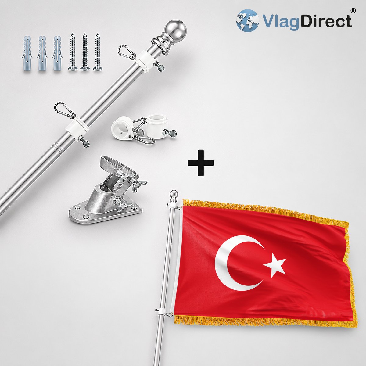 VlagDirect - Compleet vlaggenpakket - Zilveren vlaggenstok inclusief vlaggenstokhouder + Luxe Turkse vlag - Luxe Turkije vlag - 90 x 150 cm - Franjes.