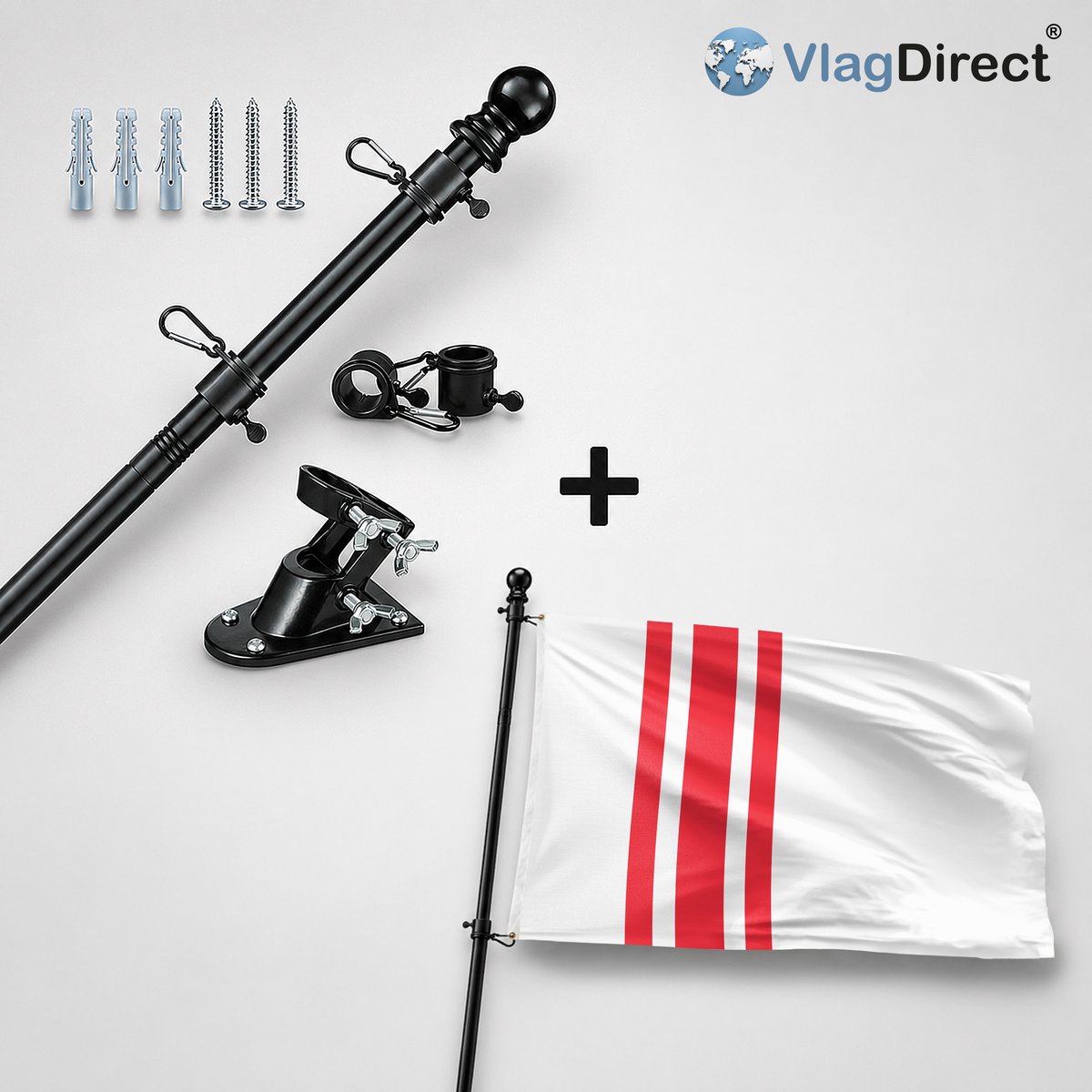 VlagDirect - Compleet vlaggenpakket - Zwarte vlaggenstok inclusief vlaggenstokhouder + Oisterwijk vlag - Gemeente Oisterwijk vlag - 90 x 150 cm.