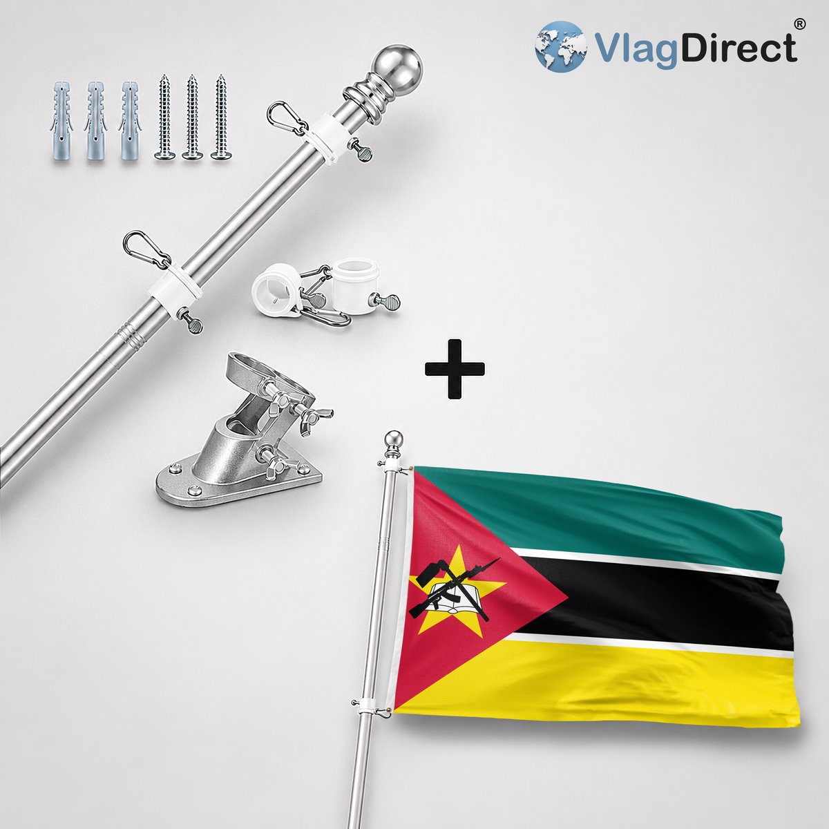 VlagDirect - Compleet vlaggenpakket - Zilveren vlaggenstok inclusief vlaggenstokhouder + Mozambikaanse vlag - Mozambique vlag - 90 x 150 cm