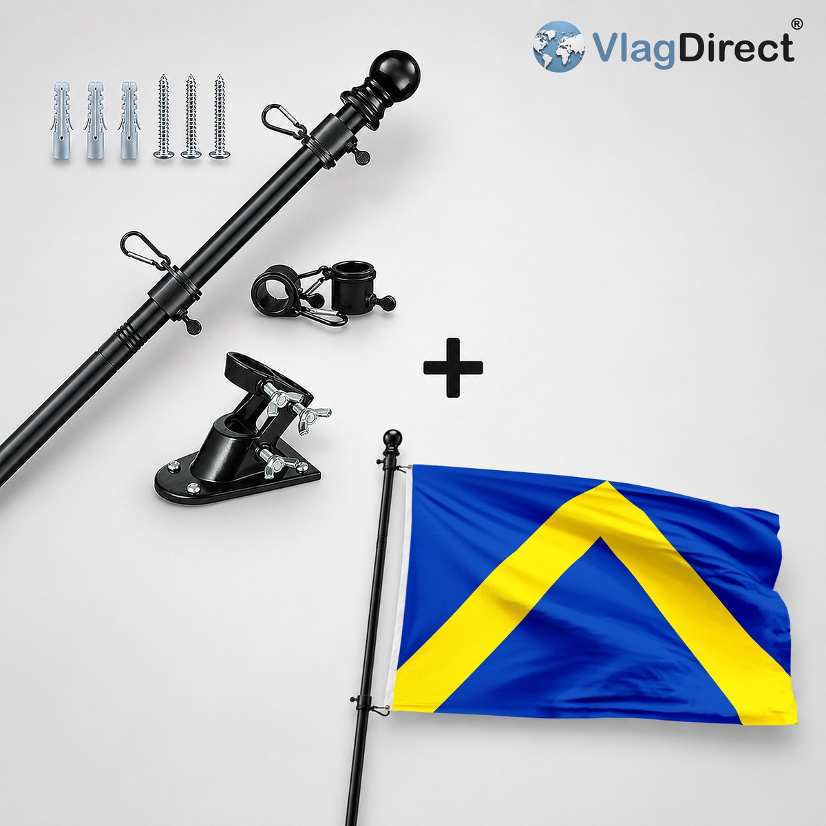VlagDirect - Compleet vlaggenpakket - Zwarte vlaggenstok inclusief vlaggenstokhouder + Ternatse vlag - Gemeente Ternat vlag - 90 x 150 cm.