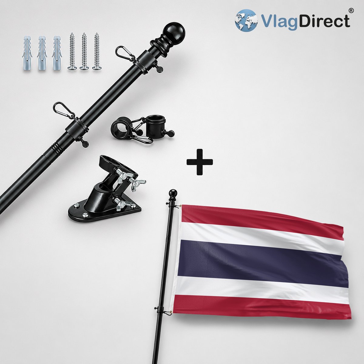 VlagDirect - Compleet vlaggenpakket - Zwarte vlaggenstok inclusief vlaggenstokhouder + Thailandse vlag - Thailand vlag - 90 x 150 cm.