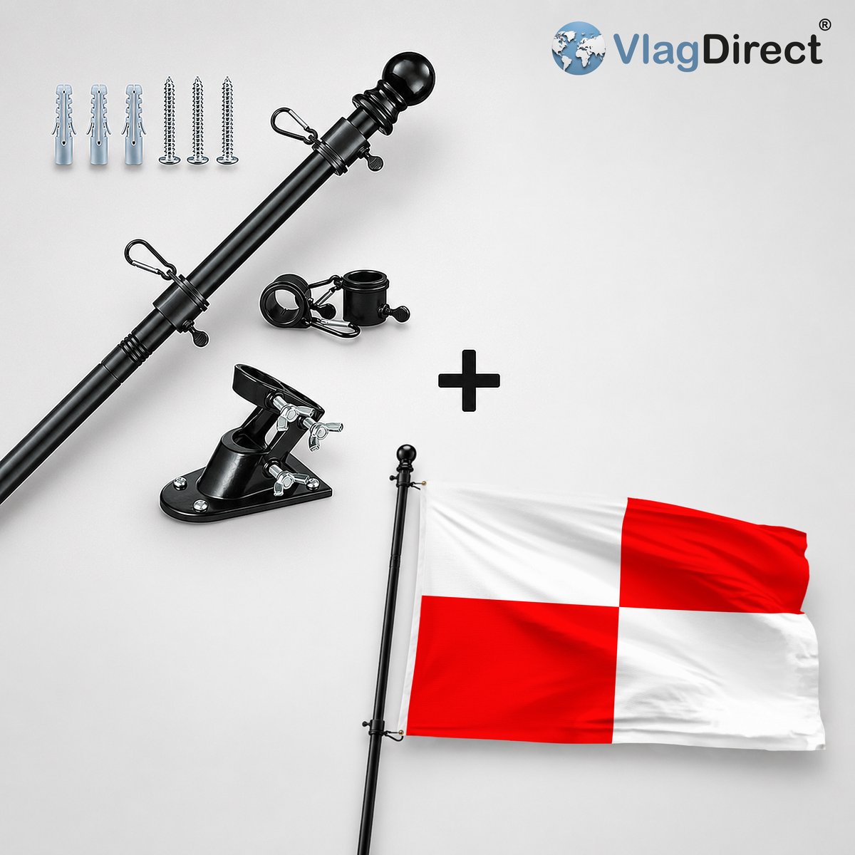 VlagDirect - Compleet vlaggenpakket - Zwarte vlaggenstok inclusief vlaggenstokhouder + Wielsbeekse vlag - Gemeente Wielsbeke vlag - 90 x 150 cm.