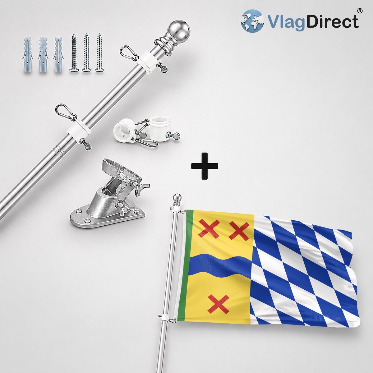 VlagDirect - Compleet vlaggenpakket - Zilveren vlaggenstok inclusief vlaggenstokhouder + Hoeksche Waard vlag - Gemeente Hoeksche Waard vlag - 90 x 150 cm.