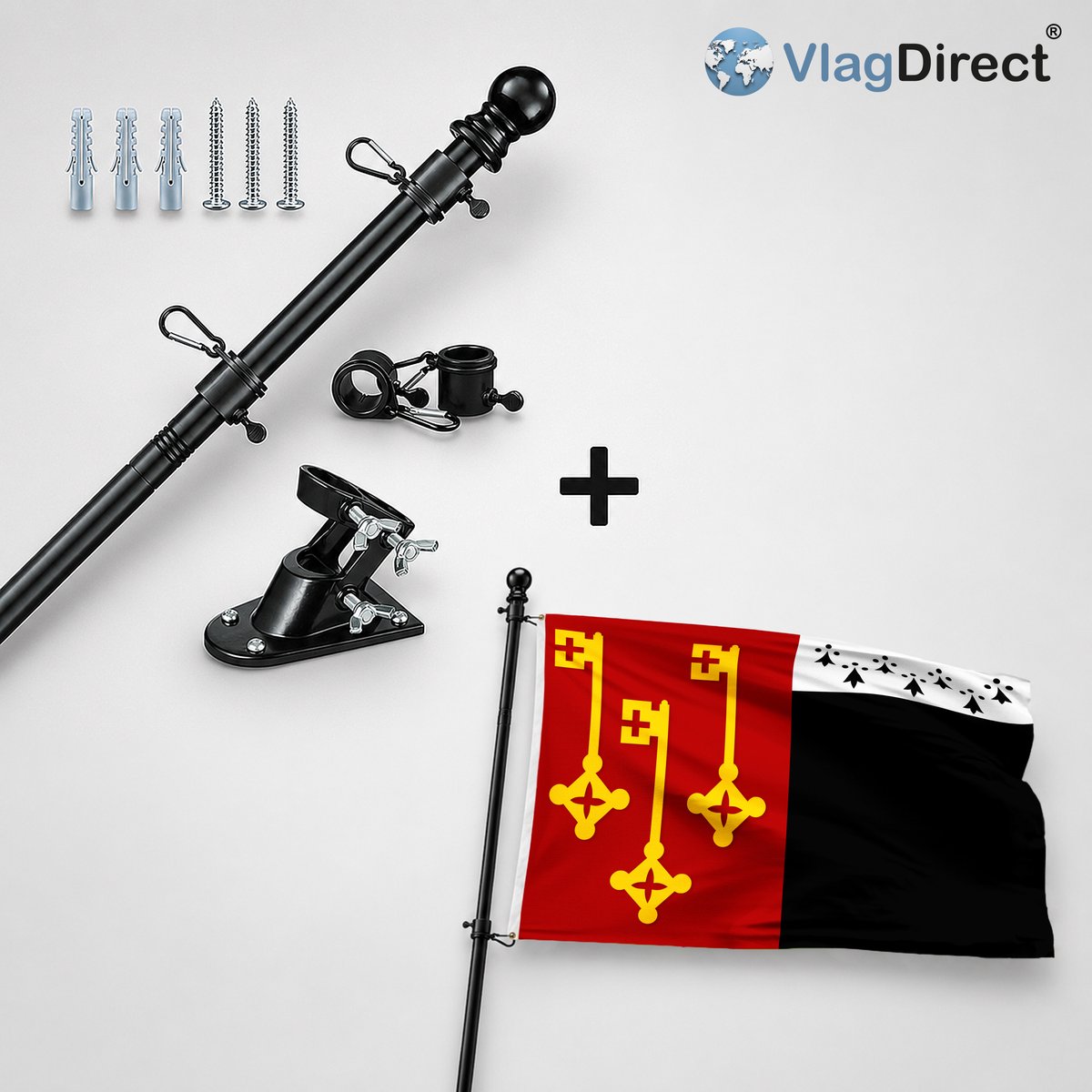 VlagDirect - Compleet vlaggenpakket - Zwarte vlaggenstok inclusief vlaggenstokhouder + Destelbergse vlag - Gemeente Destelbergen vlag - 90 x 150 cm.