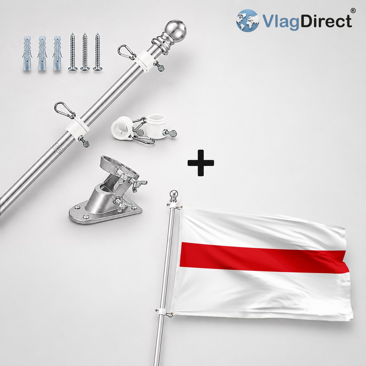 VlagDirect - Compleet vlaggenpakket - Zilveren vlaggenstok inclusief vlaggenstokhouder + Dendermondse vlag - Gemeente Dendermonde vlag - 90 x 150 cm.
