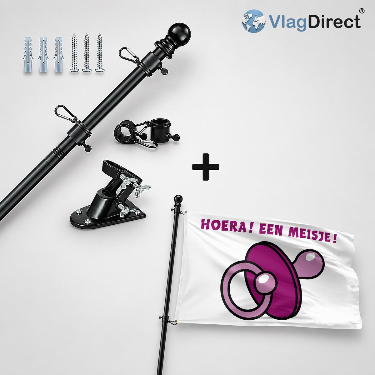 VlagDirect - Compleet vlaggenpakket - Zwarte vlaggenstok inclusief vlaggenstokhouder + Geboorte meisje vlag - Hoera een meisje vlag - 90 x 150 cm.