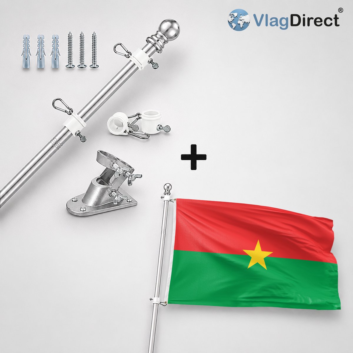 VlagDirect - Compleet vlaggenpakket - Zilveren vlaggenstok inclusief vlaggenstokhouder + Burkinese vlag - Burkina Faso vlag - 90 x 150 cm.