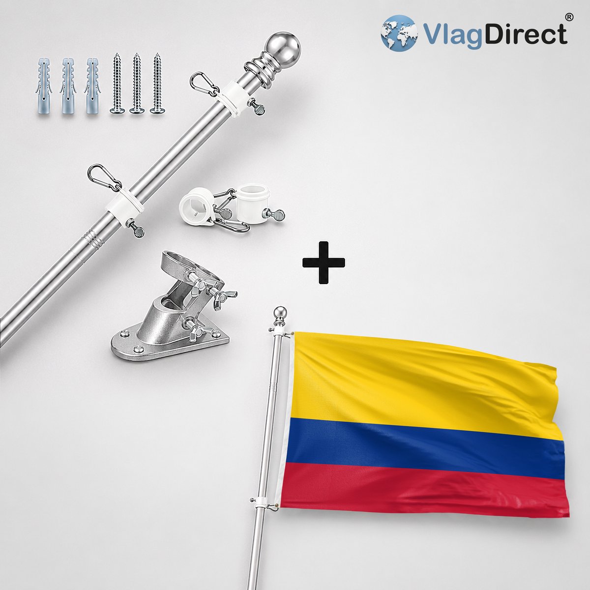 VlagDirect - Compleet vlaggenpakket - Zilveren vlaggenstok inclusief vlaggenstokhouder + Colombiaanse vlag - Colombia vlag - 90 x 150 cm.