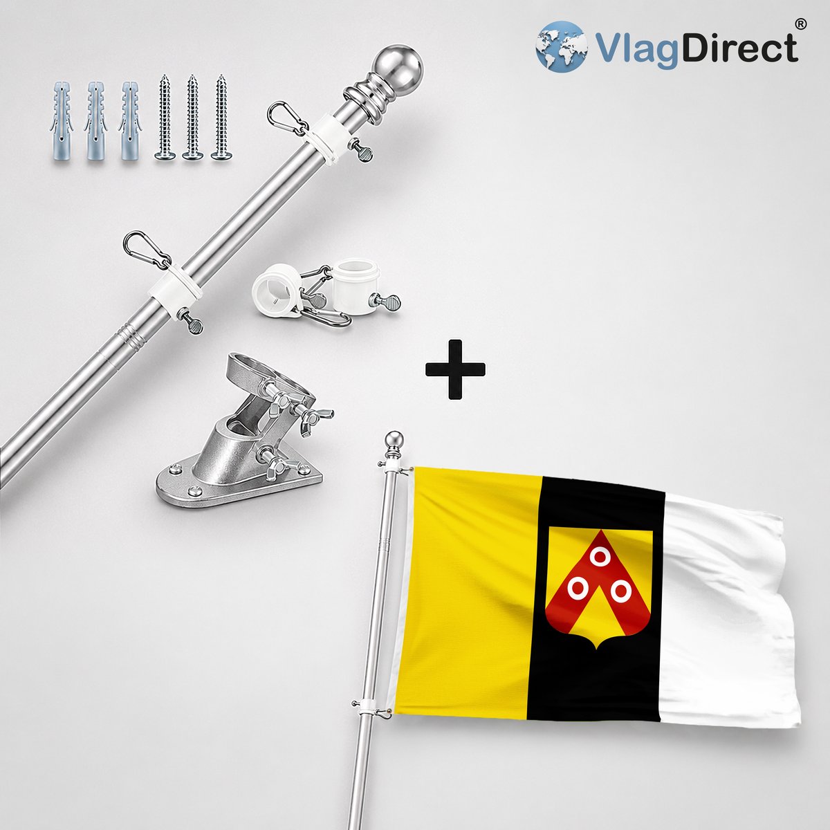 VlagDirect - Compleet vlaggenpakket - Zilveren vlaggenstok inclusief vlaggenstokhouder + Anzegemse vlag - Gemeente Anzegem vlag - 90 x 150 cm.