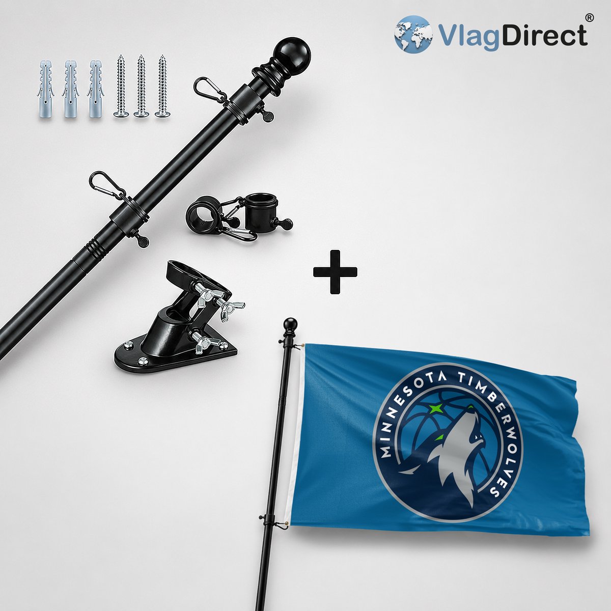 VlagDirect - Compleet vlaggenpakket - Zwarte vlaggenstok inclusief vlaggenstokhouder + Minnesota Timberwolves vlag - Minnesota Timberwolves basketbalteam vlag - 90 x 150 cm.