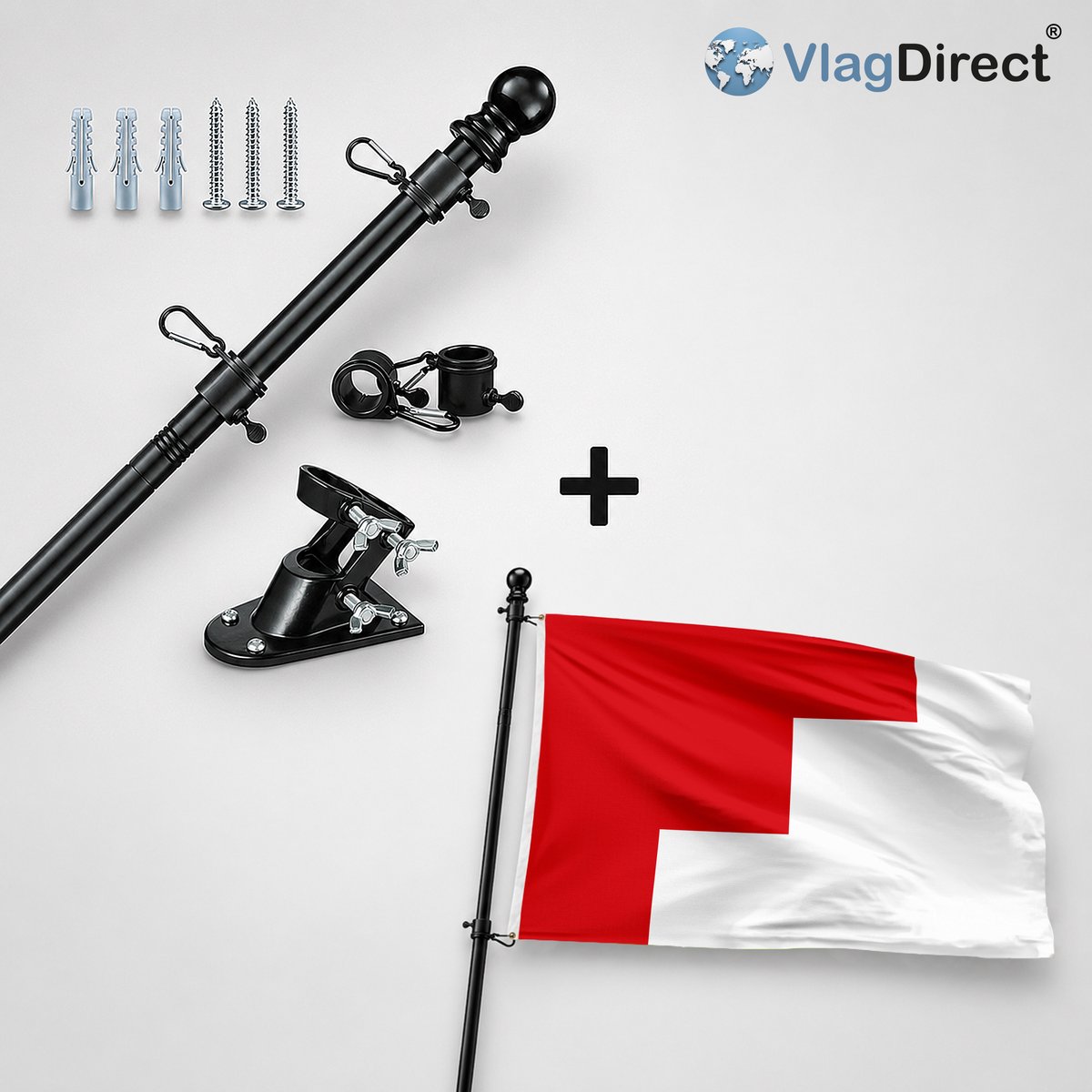 VlagDirect - Compleet vlaggenpakket - Zwarte vlaggenstok inclusief vlaggenstokhouder + Gemeente Fexhe-le-Haut-Clocher vlag - 90 x 150 cm.