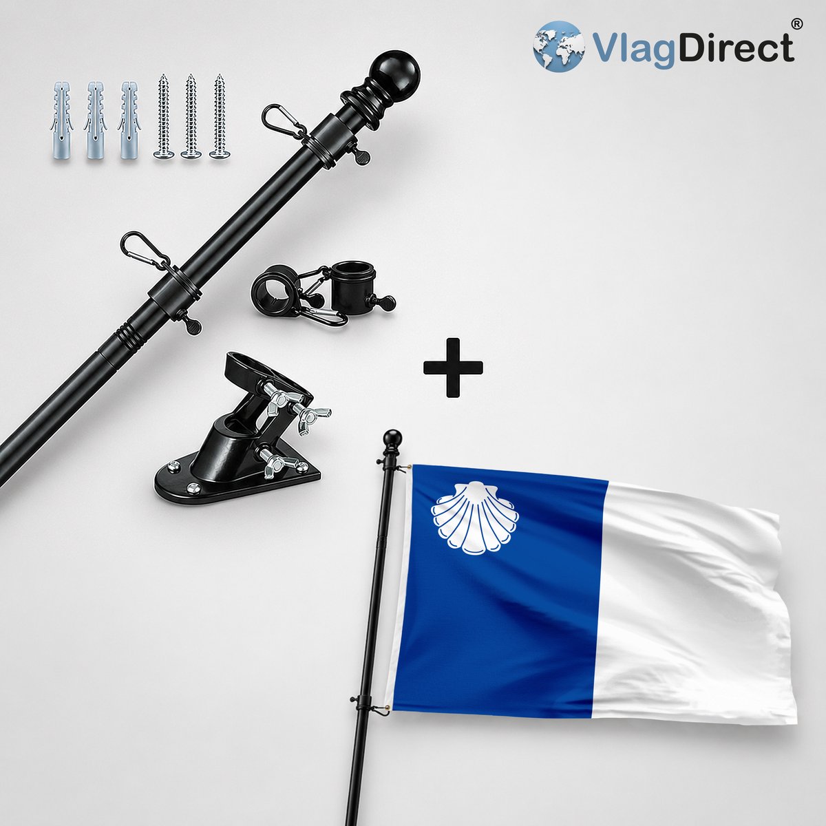 VlagDirect - Compleet vlaggenpakket - Zwarte vlaggenstok inclusief vlaggenstokhouder + Gemeente Trois-Ponts vlag - 90 x 150 cm.