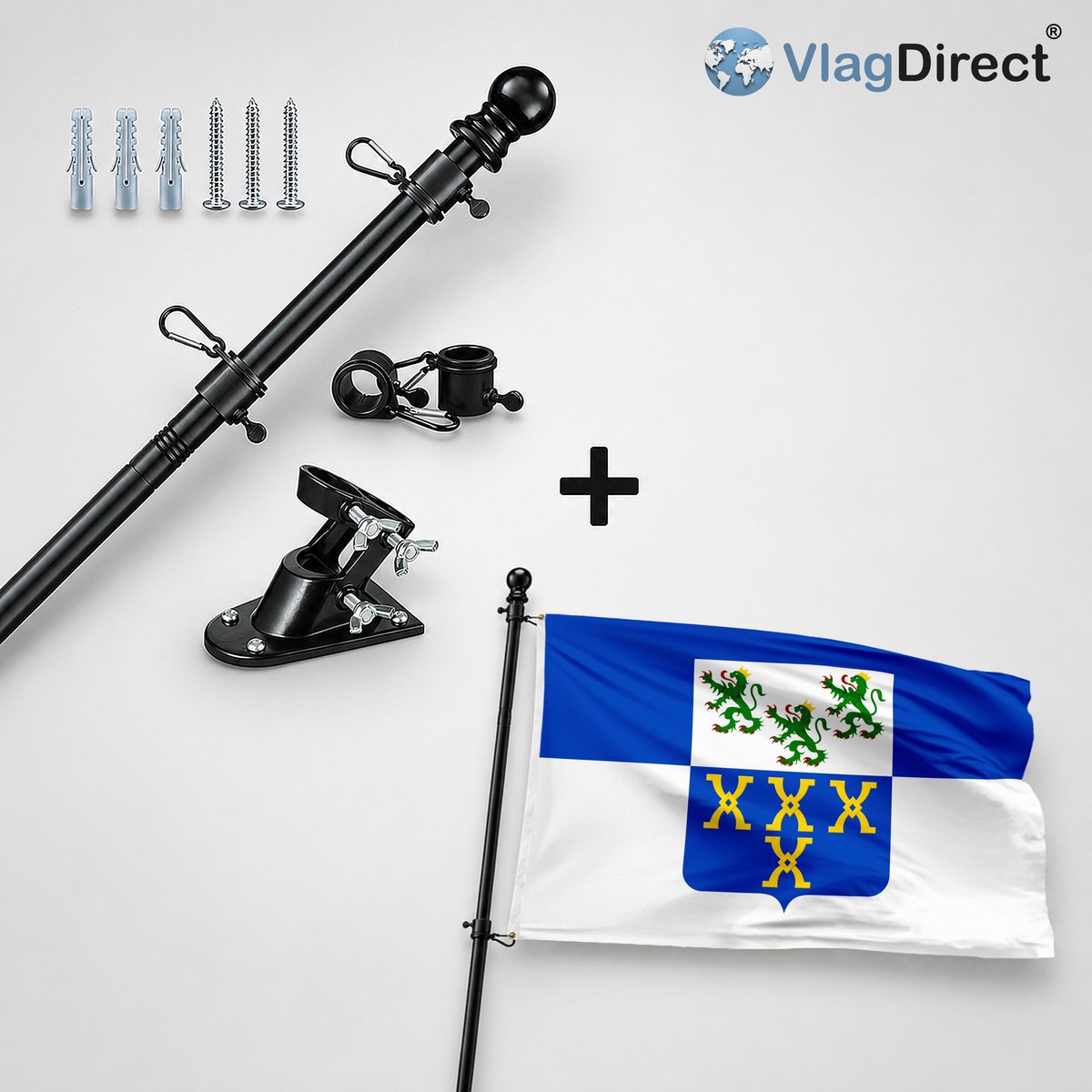 VlagDirect - Compleet vlaggenpakket - Zwarte vlaggenstok inclusief vlaggenstokhouder + Gemeente Pepinster vlag - 90 x 150 cm.