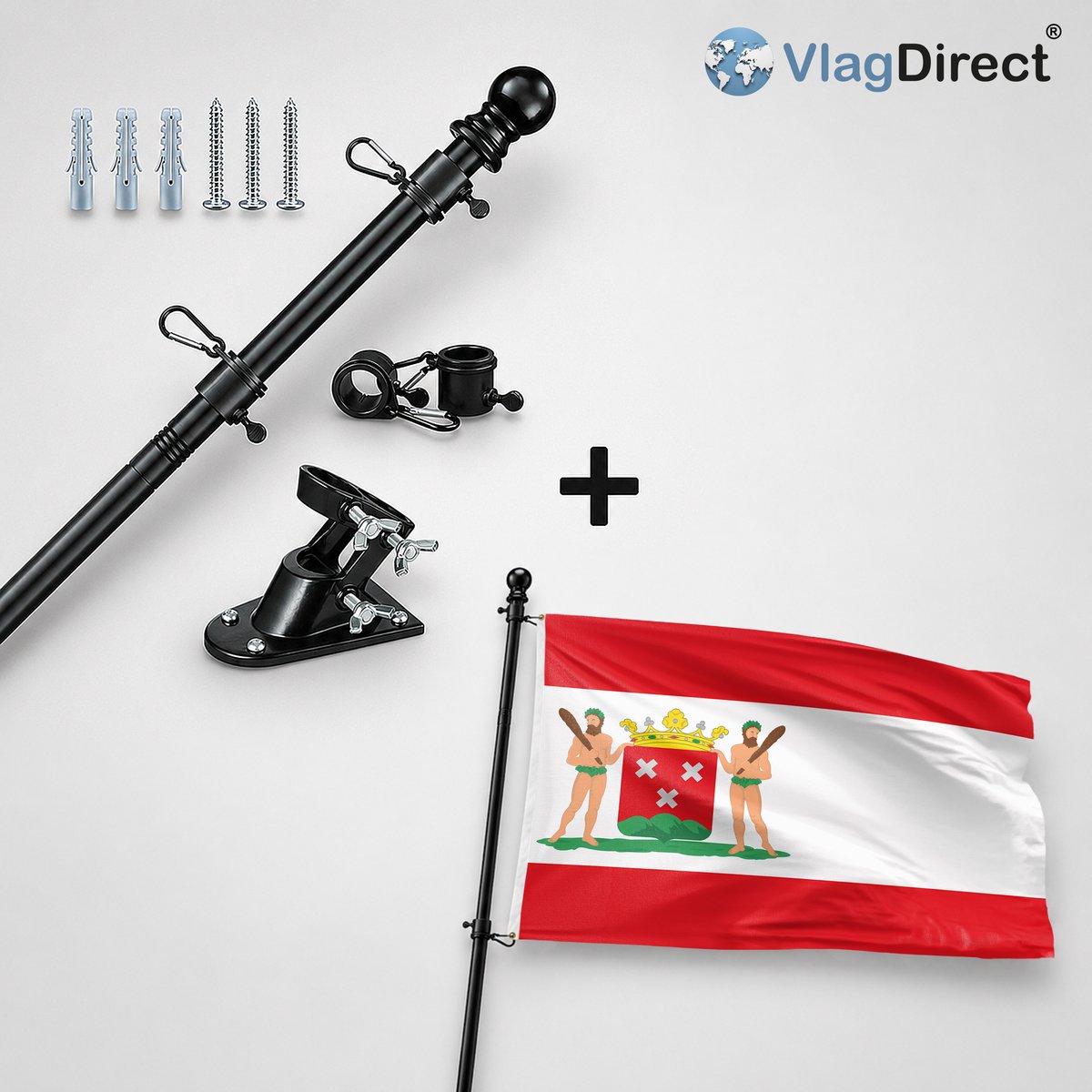 VlagDirect - Compleet vlaggenpakket - Zwarte vlaggenstok inclusief vlaggenstokhouder + Bergen op Zoom vlag - Gemeente Bergen op Zoom vlag - 90 x 150 cm.