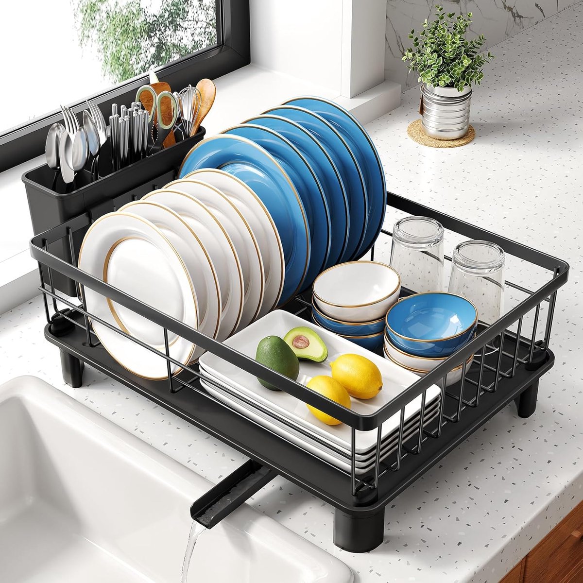 Dish Drainer - Small Kitchen Sink Drainer Stainless Steel Drainer with Utensil Holder and Drainer (Black) - ShopVlot