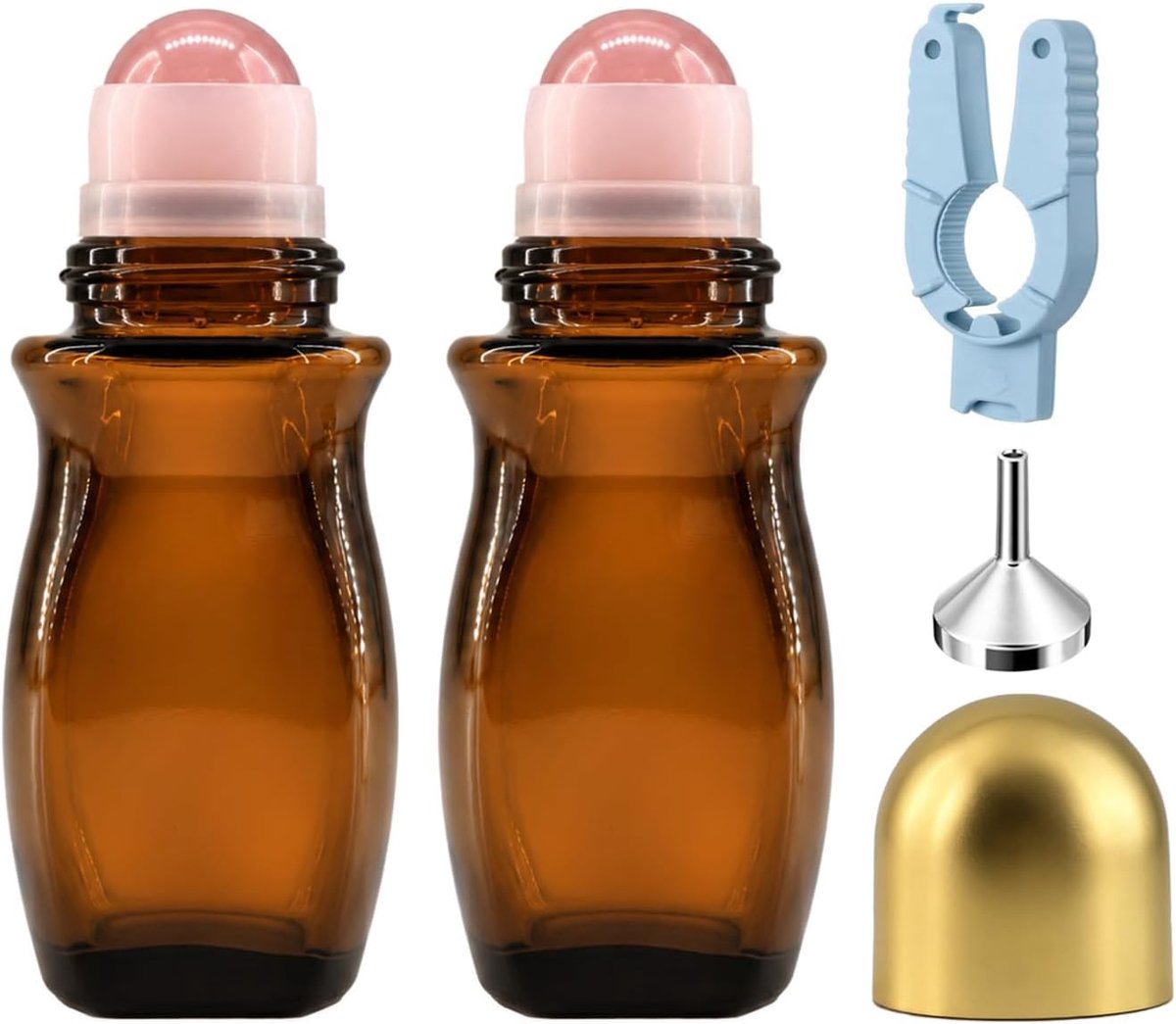 Roll-On Flesjes 50ml voor Etherische Oliën, Set van 2 Hervulbare Bruine Glazen Rollerflessen met Rozenkwarts - ShopVlot