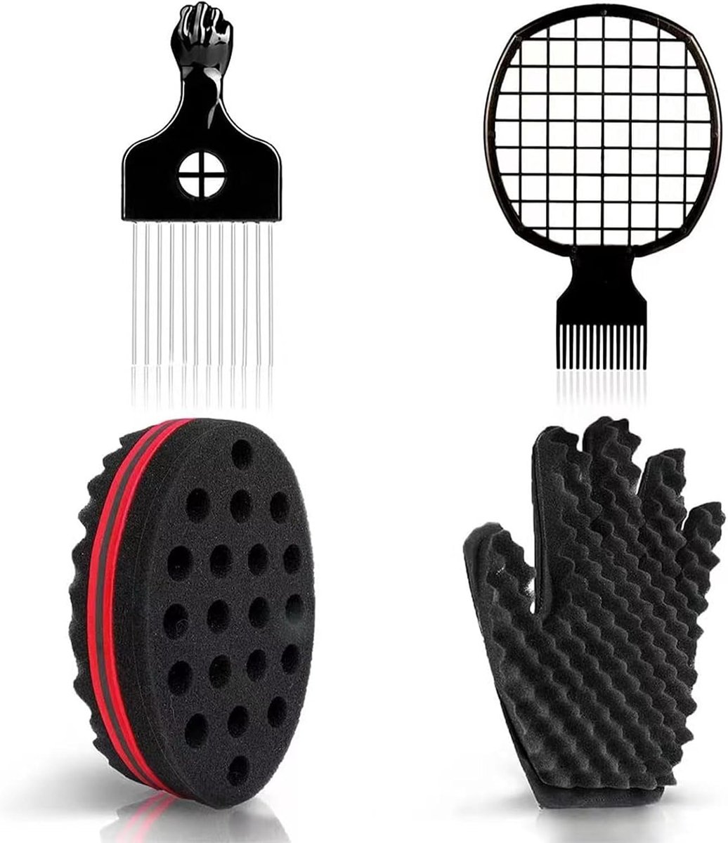 Afro-haarspons set 4 stuks - staal afro-kam - stylinghandschoenen - perfecte twist styling - ShopVlot