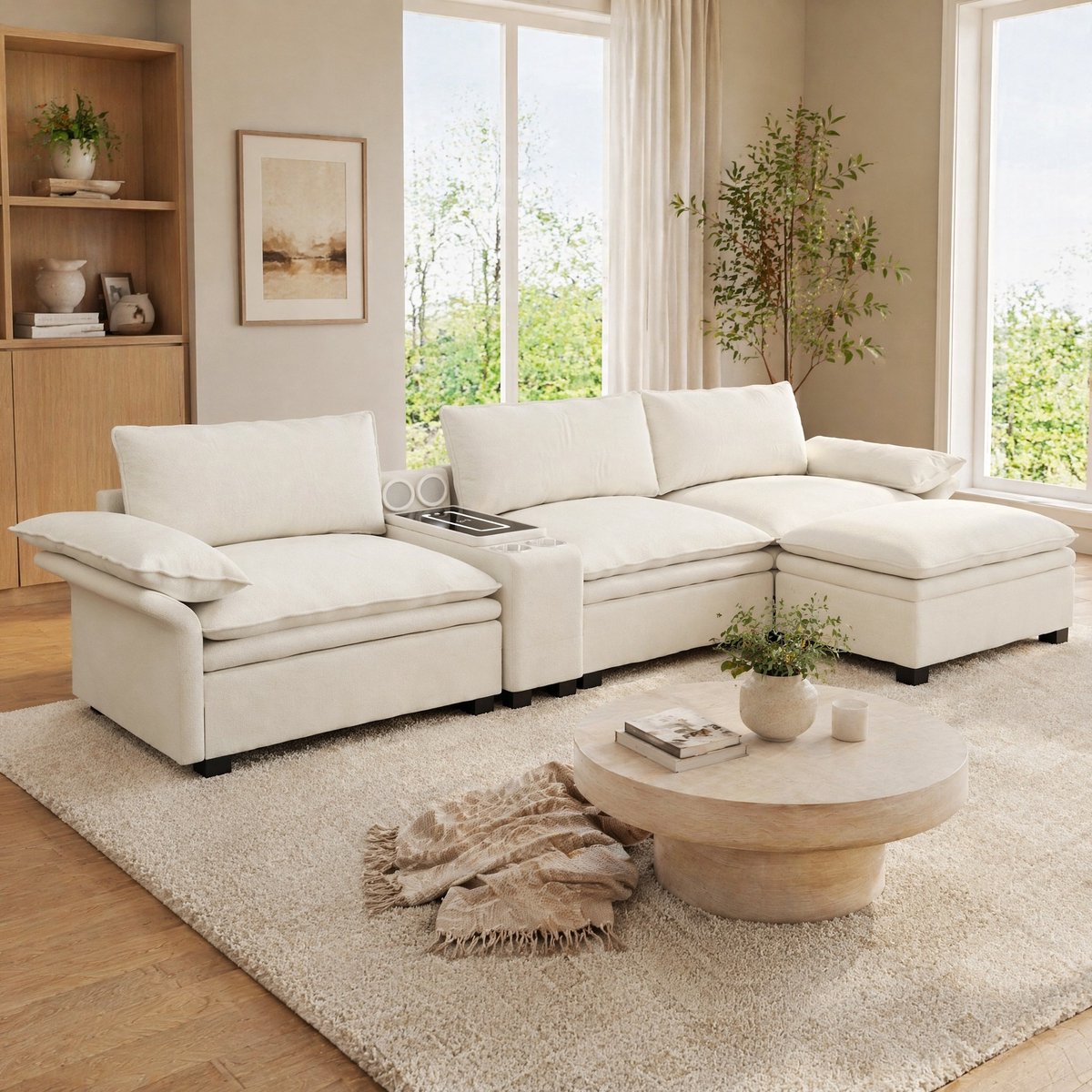 DESMIU Hoekbank 4-Zits - Modulaire L-Vorm Met Verplaatsbare Ottoman, Opbergruimte, Draadloos Laden En Luidsprekers - Beige En Wit - Chenille