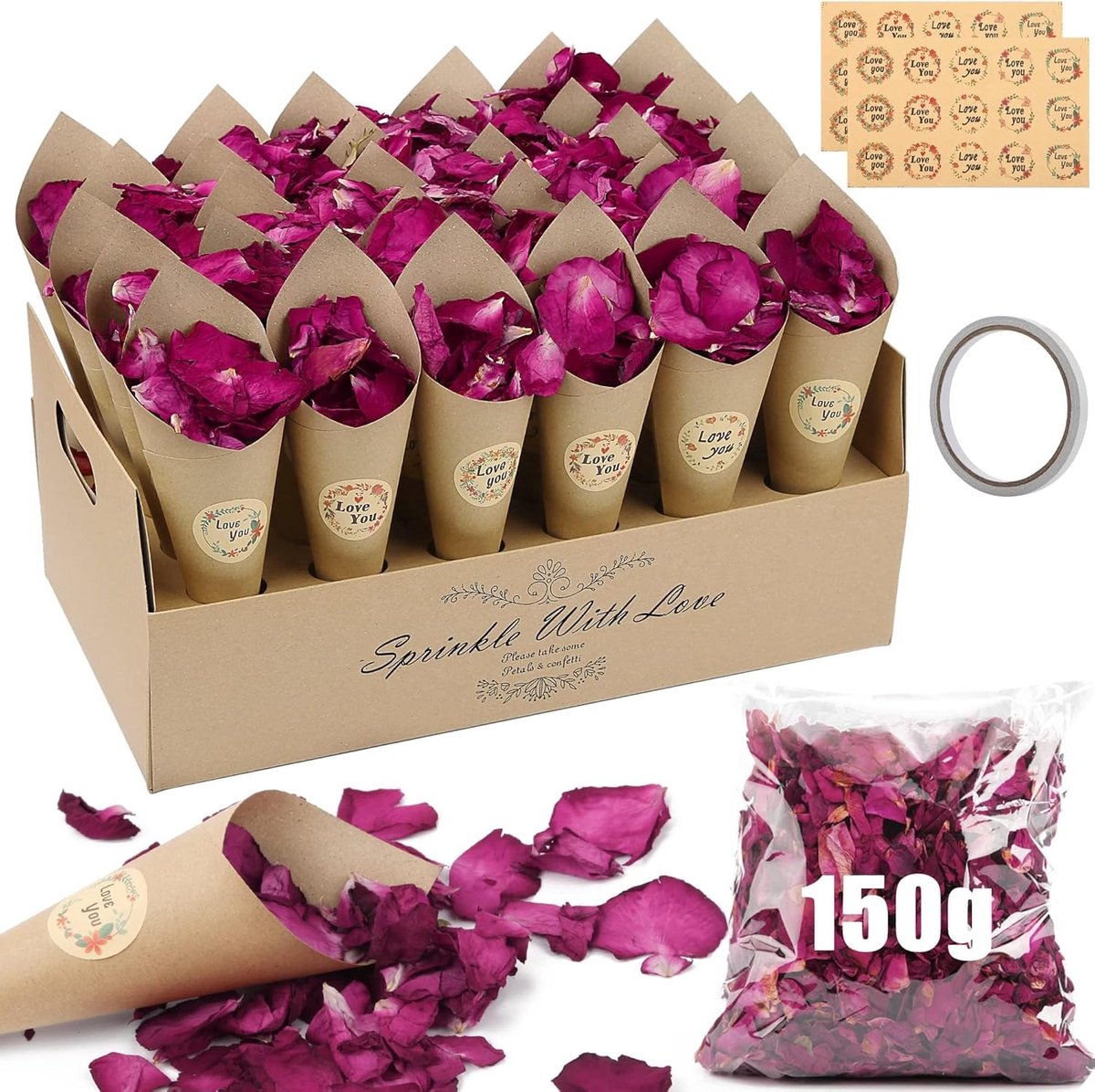 Confetti Wedding Set - 150g Gedroogde Rozenblaadjes - 30 Stuks Kraft Cones - Perfect voor Bruiloften - ShopVlot