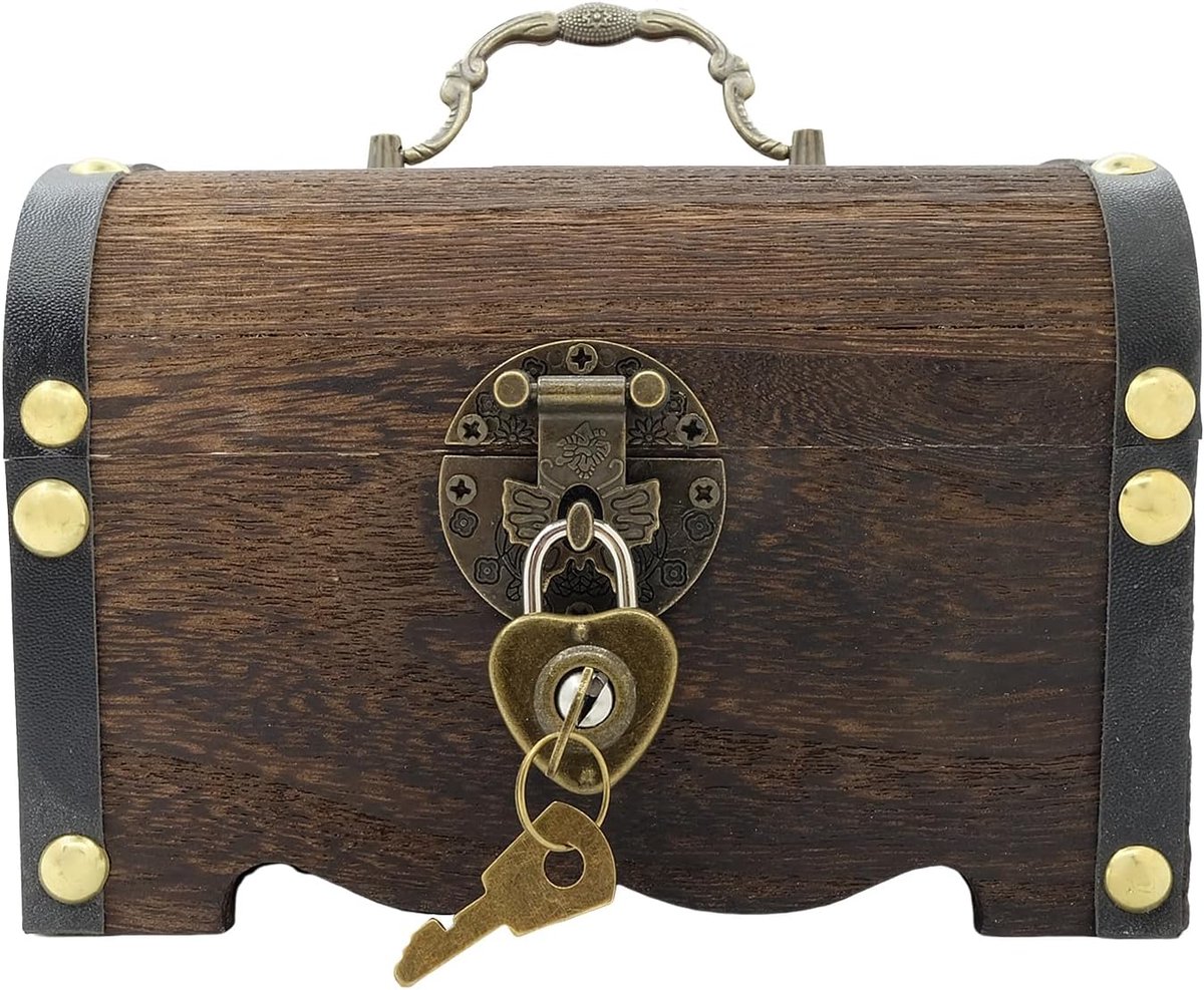 Houten Schatkist - Vintage Design - Diep Zwart met Hartslot - Voor het Opslaan van Sieraden - ShopVlot