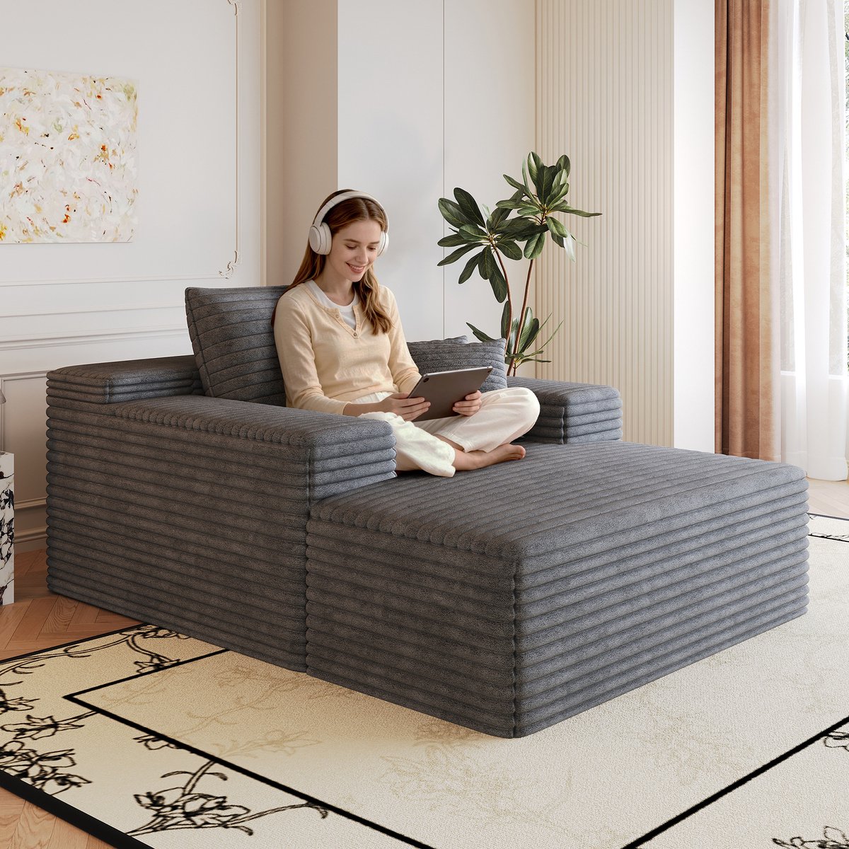OKWISH Chaise Longue – 1-Zits Hoesbank Van Ribstof – Zonder Montage, Met Diepe Zitting En Zachte Vulling – Voor Woonkamer En Slaapkamer – Donkergrijs