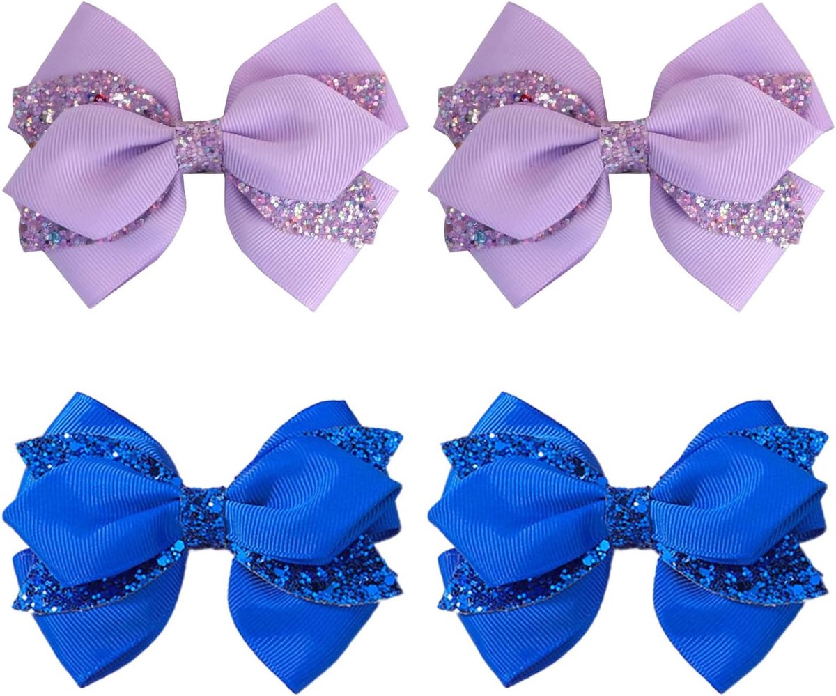 Haarspeldjes met strik - 4-delige set - paarse en blauwe glitter - perfect voor feestjes - ShopVlot