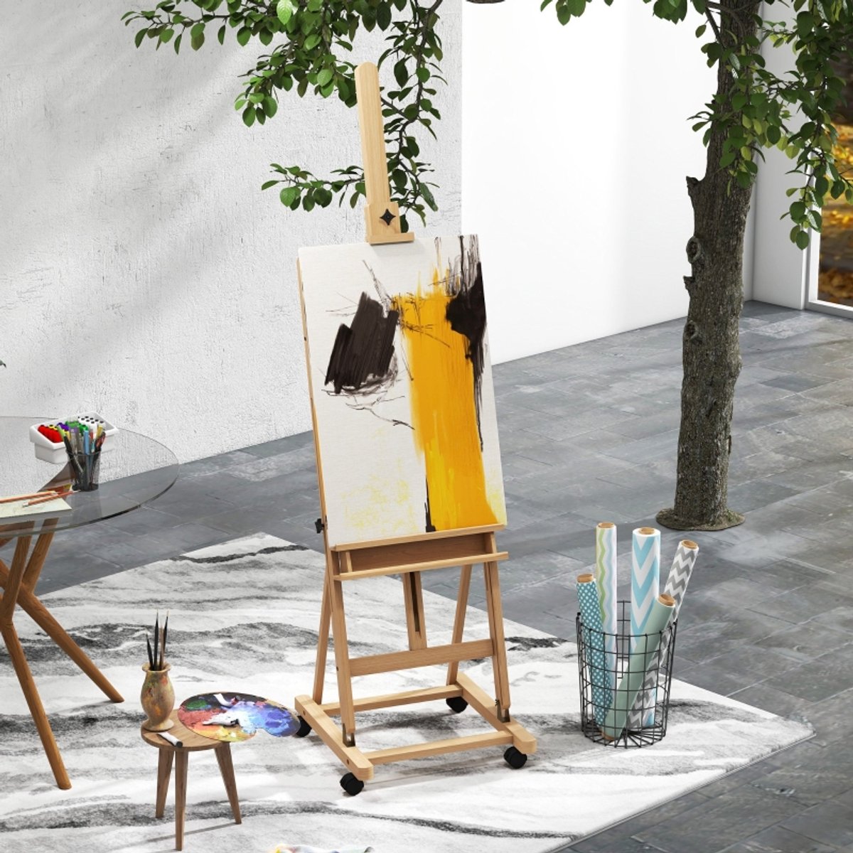OKWISH Staffelei Hoogteverstelbaar 178 Tot 238 Cm Hout Naturel Zwart Met 4 Wielen Opklapbaar Met Stabiele Driepoot Voor Atelier En Schilderen