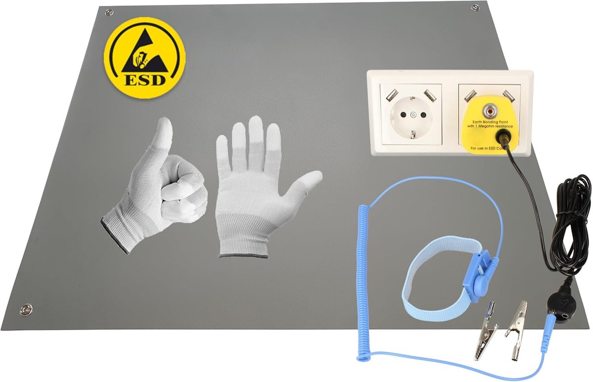 60 x 40 cm GREY Antistatic ESD Computer Mat Table Mat "Premium Quality" incl. Cuff + 2.4 m Extension + ESD Ground Plug - ShopVlot
