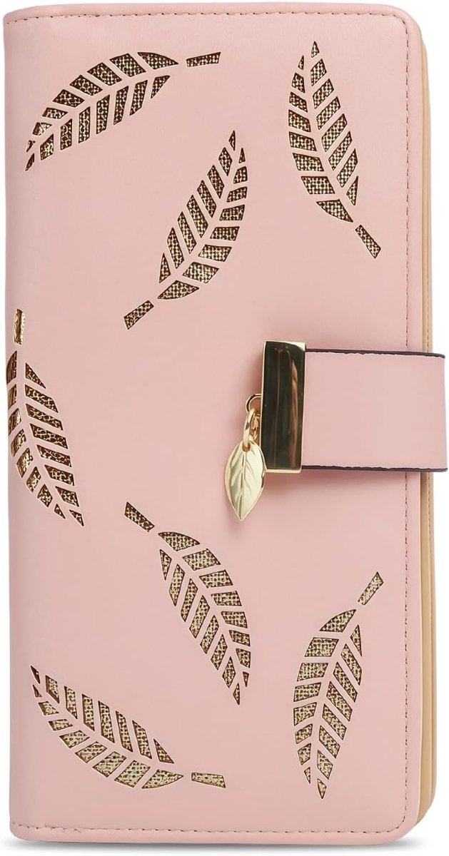 Women's Purse, Elegant Wallet with Leaf Cutout Design and Gold Pendant, Large Wallet with 12 Card Slots, Pink Purse - ShopVlot