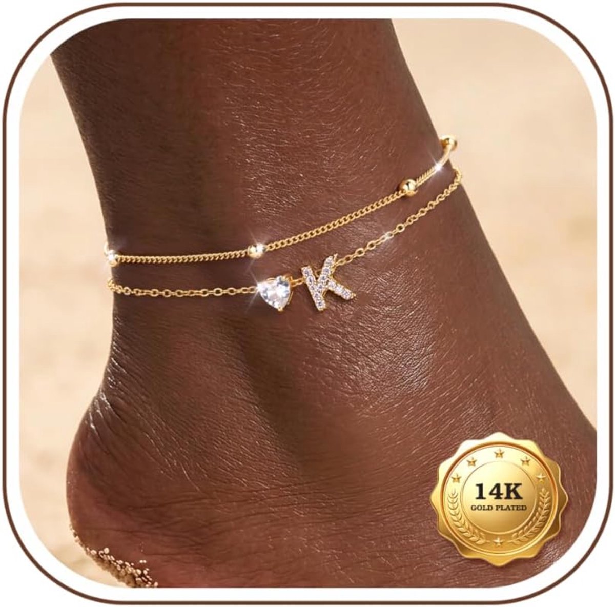 KRFY Enkelbandje voor dames, waterdicht, 14 karaat verguld, CZ, voor dames, verstelbaar, enkelketting, zomer - ShopVlot