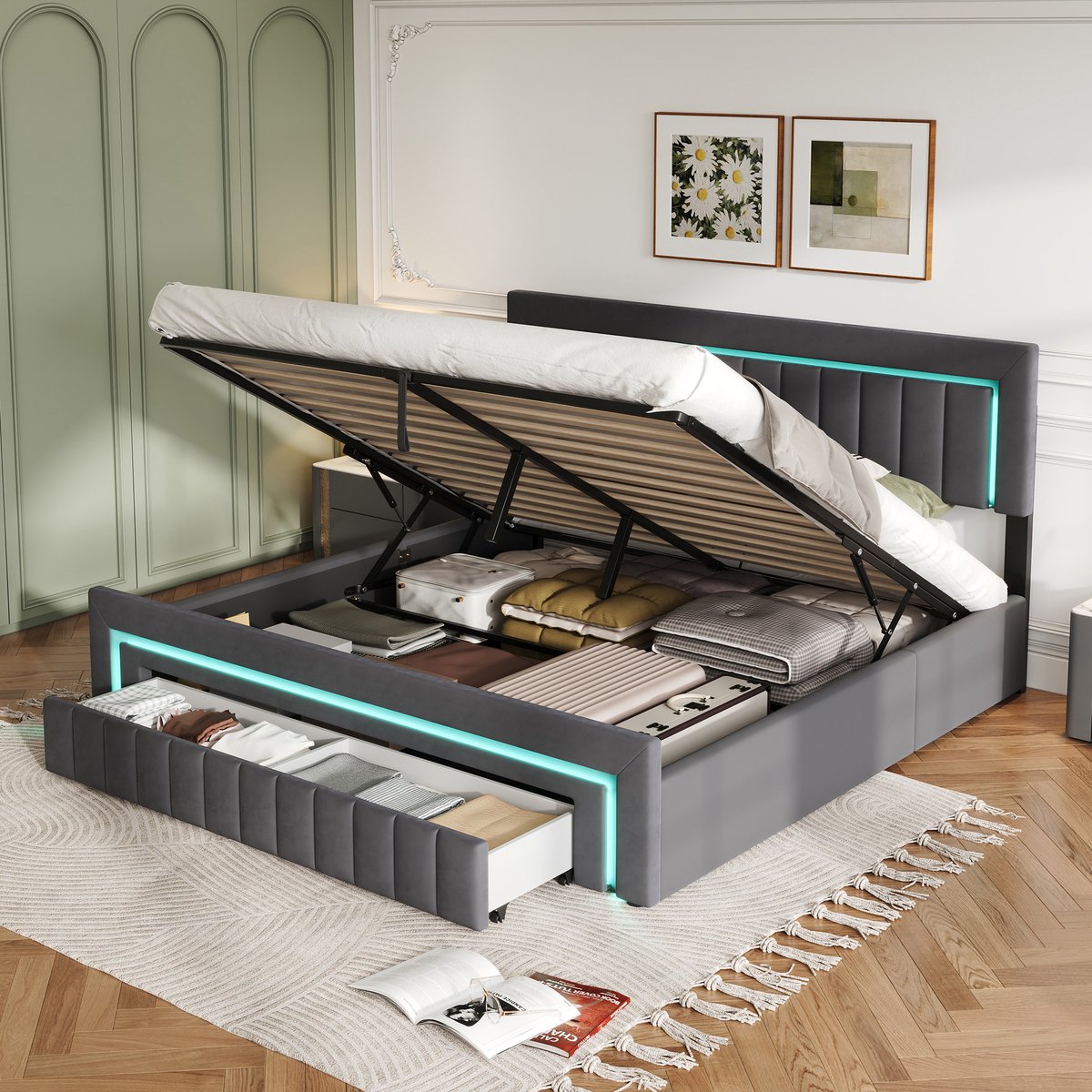 REDOM Gestoffeerd Bed 180x200 cm – Luxe Velvet Bedframe met LED Verlichting en Opberglades – Stevig Tweepersoonsbed met Ruime Opbergruimte voor Moderne Slaapkamer – Donkergrijs